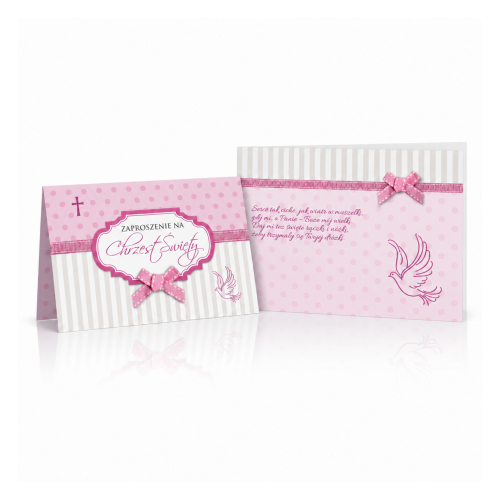 Zaproszenia na Chrzest Święty BABY PINK – różowe z kokardką, 5 szt.
