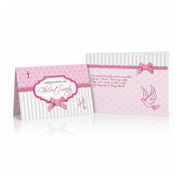 Zaproszenia na Chrzest Święty BABY PINK – różowe z kokardką, 5 szt.