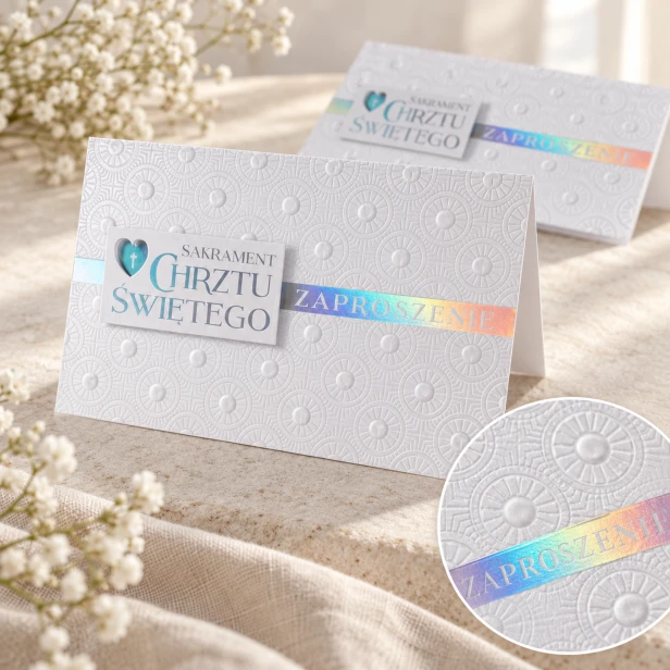 Eleganckie zaproszenie na chrzest – zbliżenie holograficznych zdobień PRESTIGE