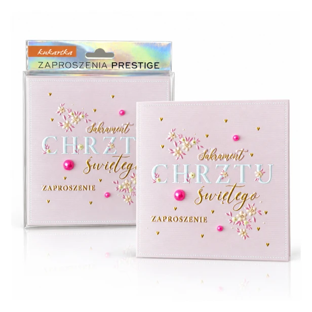Zaproszenia na Chrzest Święty PRESTIGE – różowe holograficzne, 5 szt.