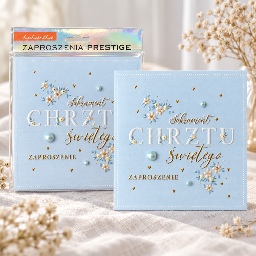 Niebieskie zaproszenia chrzcielne PRESTIGE – komplet 5 sztuk w opakowaniu