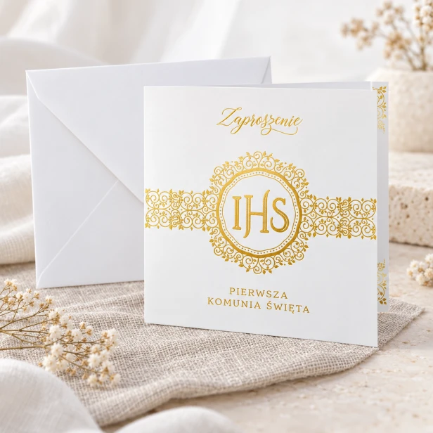 Zaproszenia na Komunię Świętą z kopertą – elegancki wzór PREMIUM IHS
