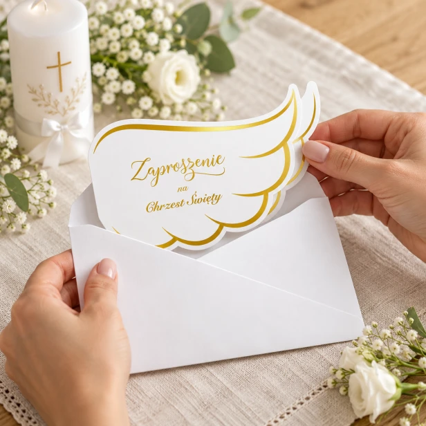 Zaproszenie na Chrzest Święty ze złotym skrzydłem – elegancka aranżacja w użyciu