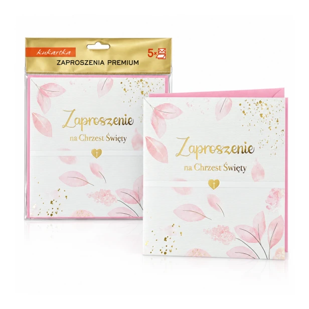 Zaproszenia na Chrzest Święty PINK LIŚCIE – różowe listki, 5 szt. z kopertami