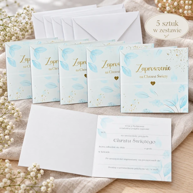 Zaproszenia na chrzest BLUE LIŚCIE – komplet 5 sztuk z kopertami