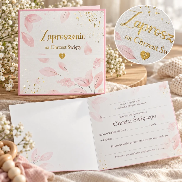 Zaproszenia chrzcielne PINK LIŚCIE – wnętrze z tekstem i miejscem na dane