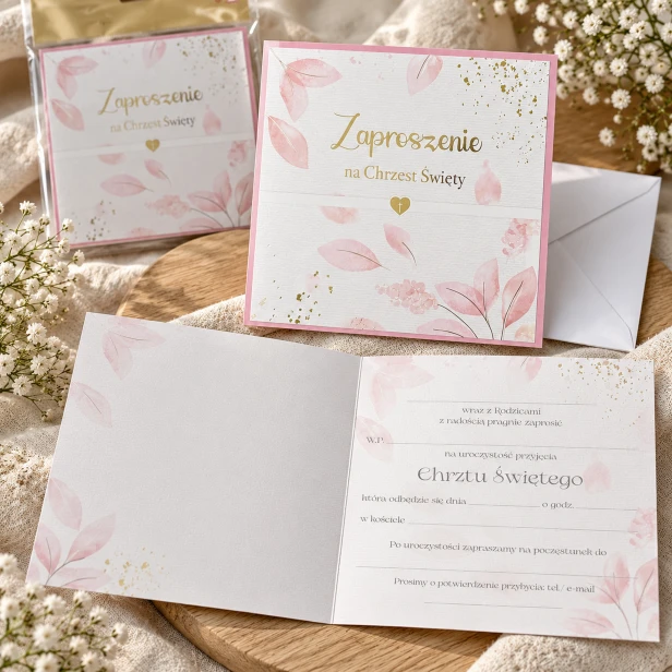 Zaproszenie na Chrzest Święty z kopertą – elegancki wzór PINK LIŚCIE