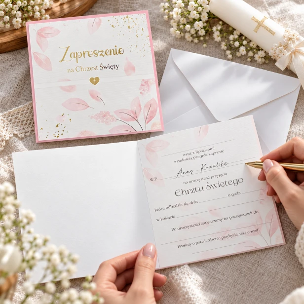 Zaproszenia na chrzest z różowymi listkami – PINK LIŚCIE w użyciu