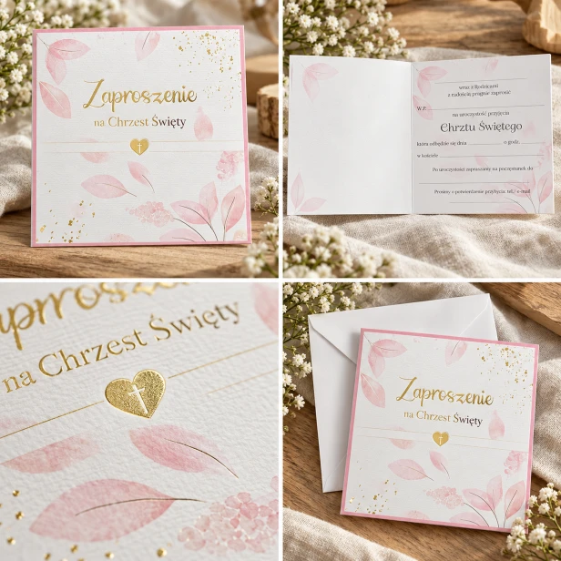 Zaproszenia PINK LIŚCIE na Chrzest Święty – kolaż frontu, wnętrza i koperty