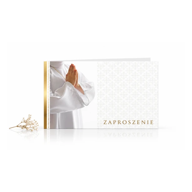 Zaproszenia na Pierwszą Komunię Świętą dla chłopca – klasyczne biało-złote, 5 szt.