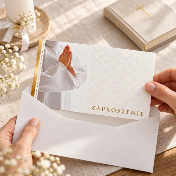 Zaproszenie na Pierwszą Komunię Świętą dla chłopca – zdjęcie w użyciu