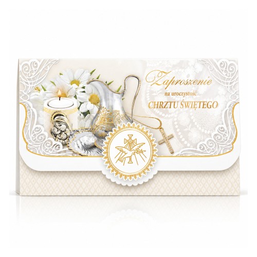 Zaproszenia na Chrzest Święty złoto-białe – eleganckie z medalionem, 5 szt.