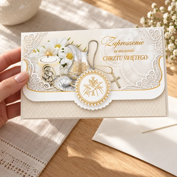 Zaproszenia na Chrzest Święty złoto-białe – elegancka kartka w użyciu