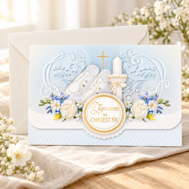Niebieskie zaproszenia na Chrzest Święty – elegancka kartka z kopertą