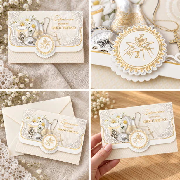 Zaproszenia na Chrzest Święty – motyw Duch Święty, złocone, 5 szt. | Eleganckie zaproszenia