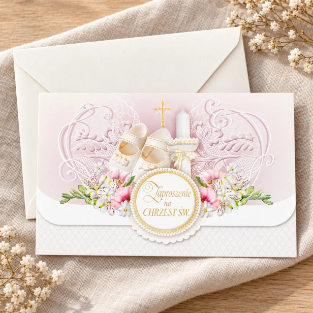 Różowe zaproszenia na Chrzest Święty – elegancka kartka z kopertą