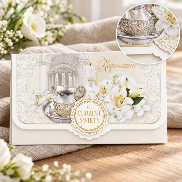 Zaproszenie na chrzest – zbliżenie chrzcielnicy, lilii i złotego medalionu