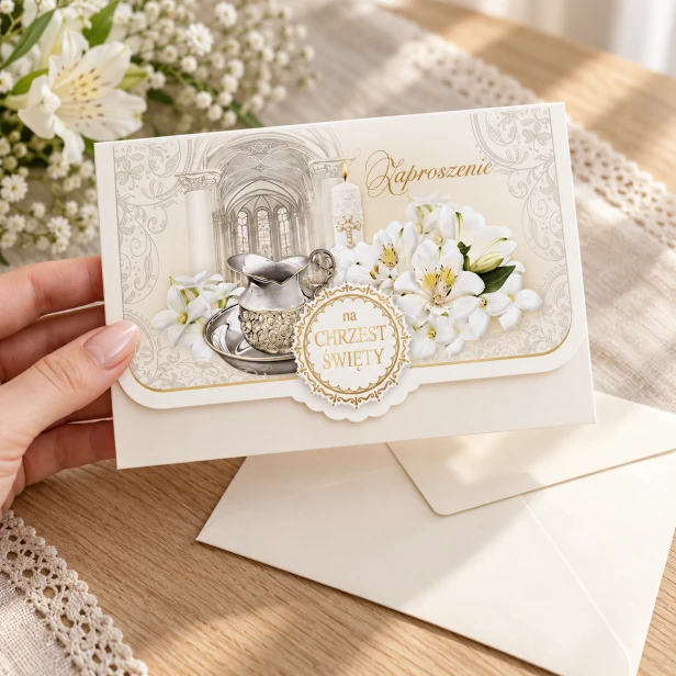 Zaproszenie na Chrzest Święty z liliami – elegancka kartka w użyciu