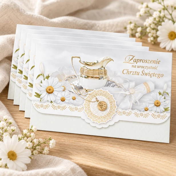 Zaproszenia chrzcielne z koronką – elegancki komplet 5 sztuk