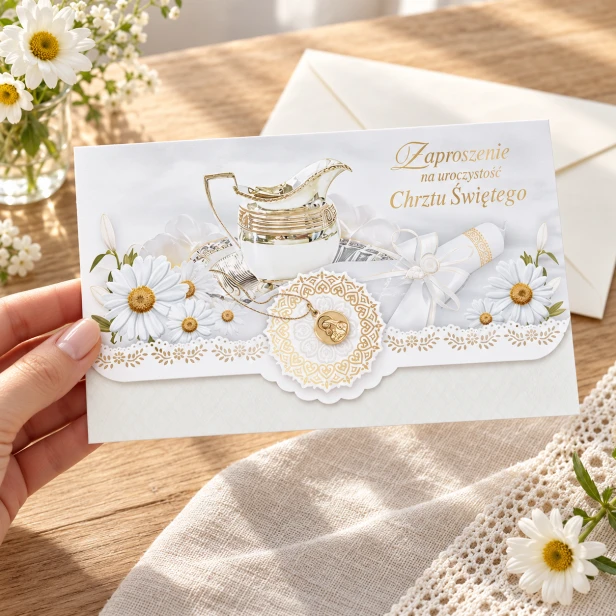 Eleganckie zaproszenie na Chrzest Święty z medalionem – zdjęcie w użyciu