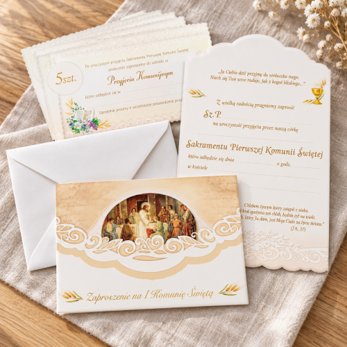 Zaproszenie komunijne z Jezusem – zbliżenie religijnej ilustracji i ornamentu