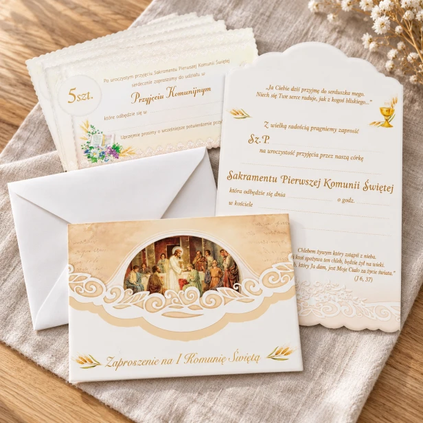 Zaproszenie komunijne z Jezusem – zbliżenie religijnej ilustracji i ornamentu