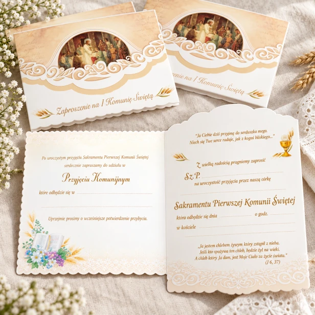 Zaproszenia komunijne z gotowym tekstem – wnętrze i ozdobna kartka