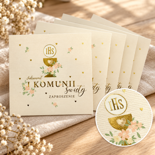 Zaproszenia komunijne z kielichem IHS – komplet 5 sztuk w kwiatowym wzorze