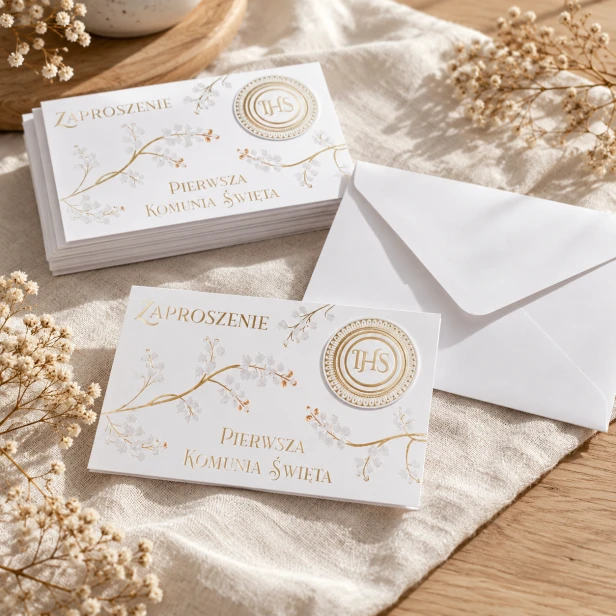 Zaproszenia na Komunię Świętą z kopertą – elegancka Złota Mandala