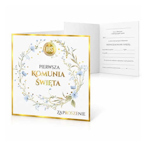 Zaproszenia na Pierwszą Komunię Świętą Niezapominajka IHS – PRESTIGE, 5 szt.
