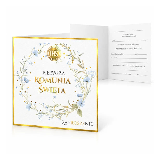 Zaproszenia na Pierwszą Komunię Świętą Niezapominajka IHS – PRESTIGE, 5 szt.