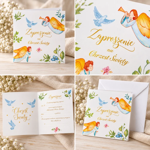 Zaproszenia chrzcielne PREMIUM 10 szt. – okładka, wnętrze i pastelowe ilustracje