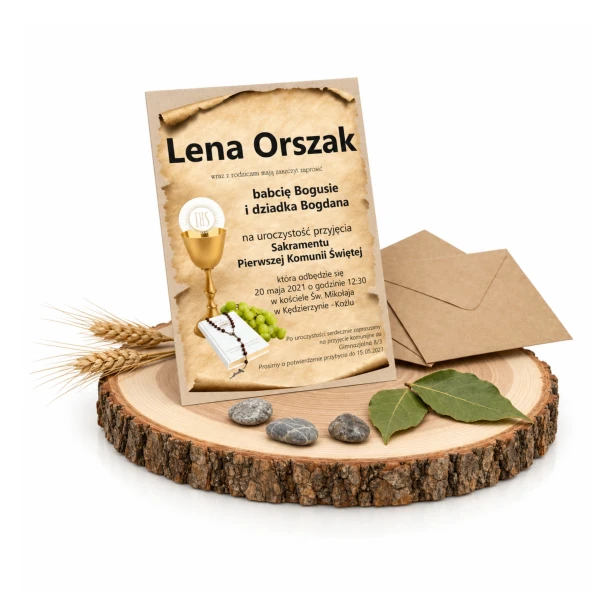 Drewniane zaproszenie na Pierwszą Komunię Świętą Eucharystyczny IHS – personalizowane, 15 × 21 cm