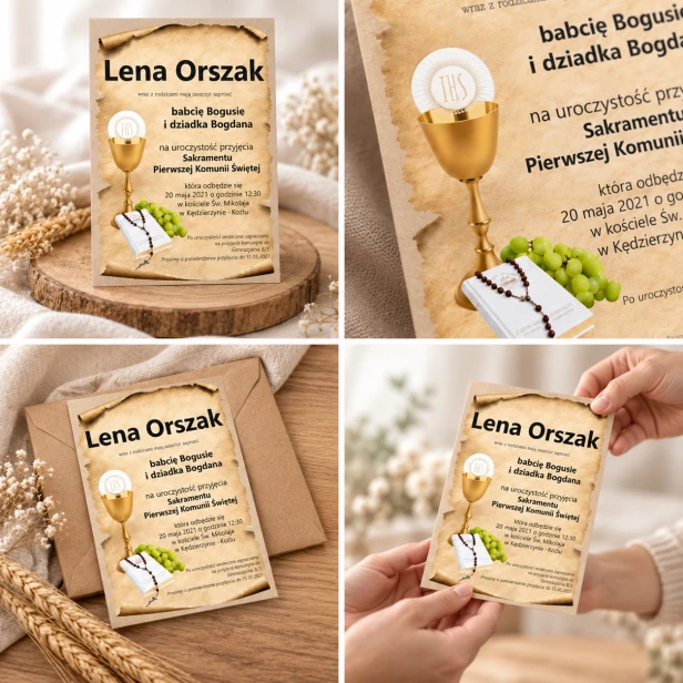 Drewniane zaproszenie komunijne Eucharystyczny IHS – kolaż detali i aranżacji