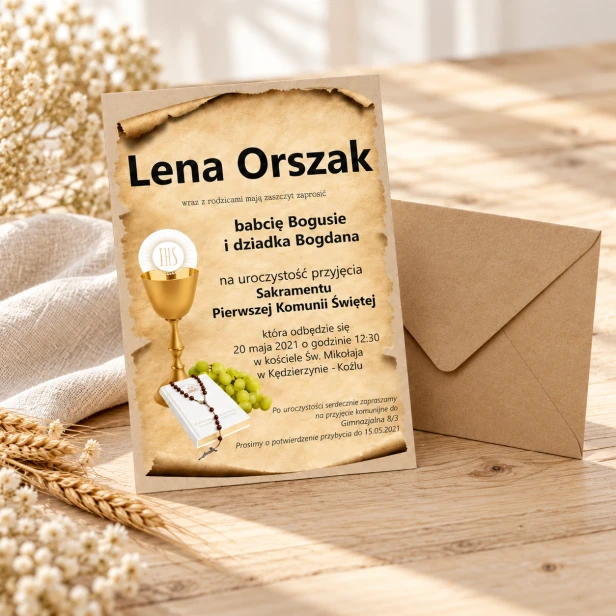 Personalizowane zaproszenie komunijne z drewna – rustykalna aranżacja