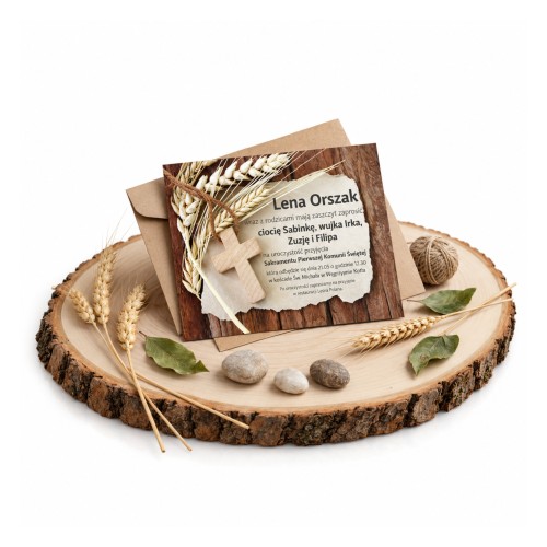 Drewniane zaproszenie na Pierwszą Komunię Świętą rustykalne – personalizowane, 15 × 21 cm