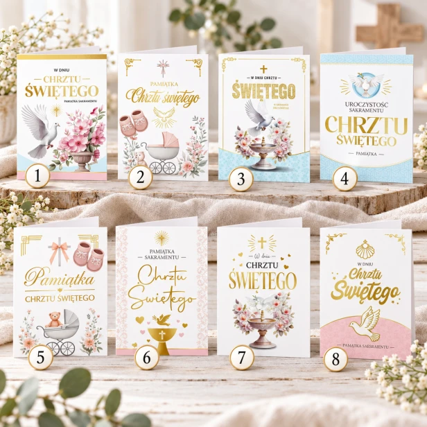 Karnety na Chrzest Święty – kolekcja 8 wzorów z życzeniami