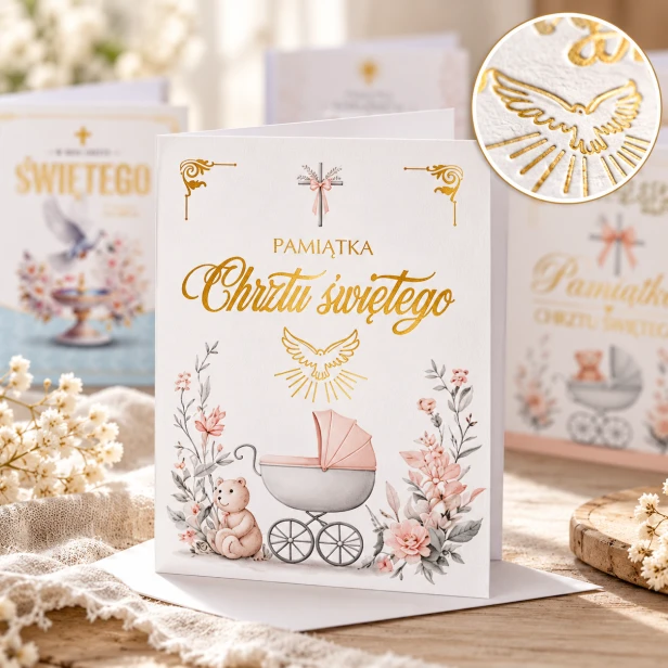 Złocona kartka na Chrzest Święty z gołębicą – elegancki karnet B6