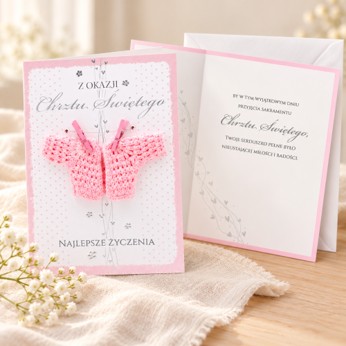 Karnet na Chrzest Święty ROYAL PINK – różowe buciki w rustykalnej aranżacji