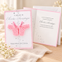 Karnet na Chrzest Święty ROYAL PINK – różowe buciki w rustykalnej aranżacji