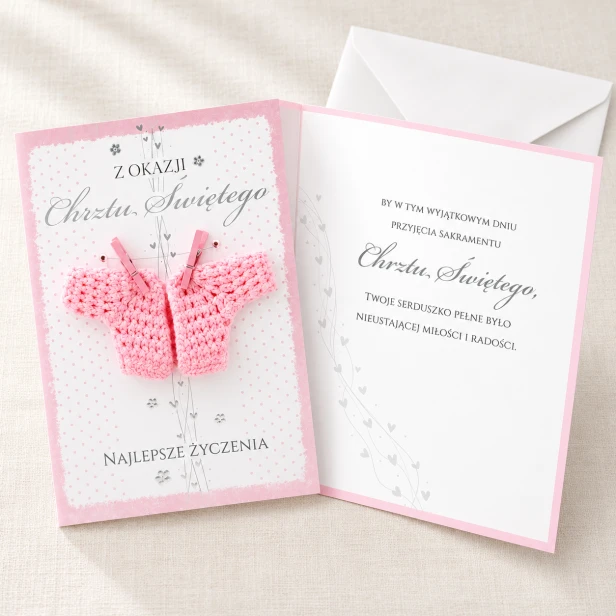 Kartka na Chrzest Święty z życzeniami – otwarty karnet ROYAL PINK z kopertą