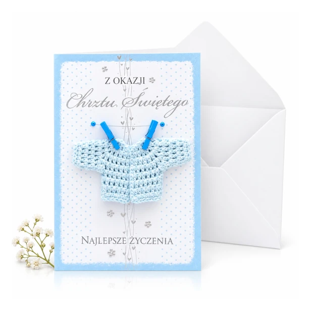 Kartka na Chrzest Święty dla chłopca z niebieskim sweterkiem 3D – ROYAL BLUE