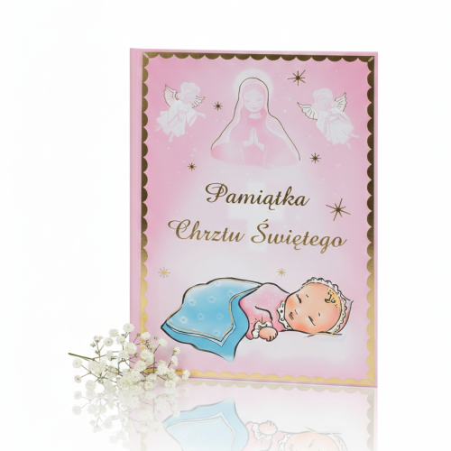 Album pamiątkowy na Chrzest Święty dla dziewczynki – różowy ze złoceniami 17 × 23 cm