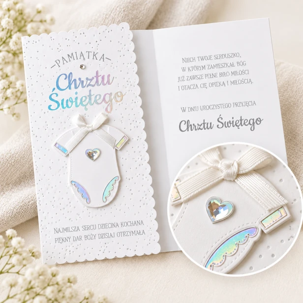 Kartka na Chrzest Święty – zbliżenie holograficznych zdobień i kokardki