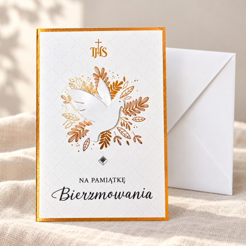 Karnet na Bierzmowanie z kopertą – biała kartka ze złotymi zdobieniami