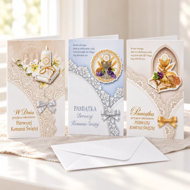 Trzy pastelowe karnety komunijne B6 – kielich IHS, koronka i kokardki