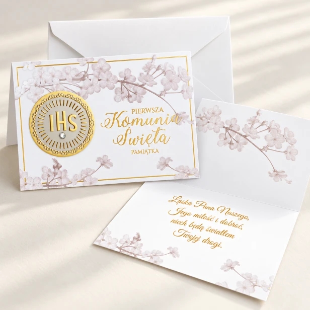 Elegancka kartka komunijna EXCLUSIVE – złoty medalion IHS