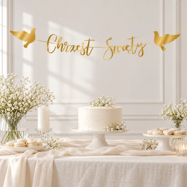 Girlanda Chrzest Święty – złoty baner nad stołem