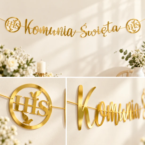 Baner na Pierwszą Komunię Świętą – złoty napis z medalionami IHS