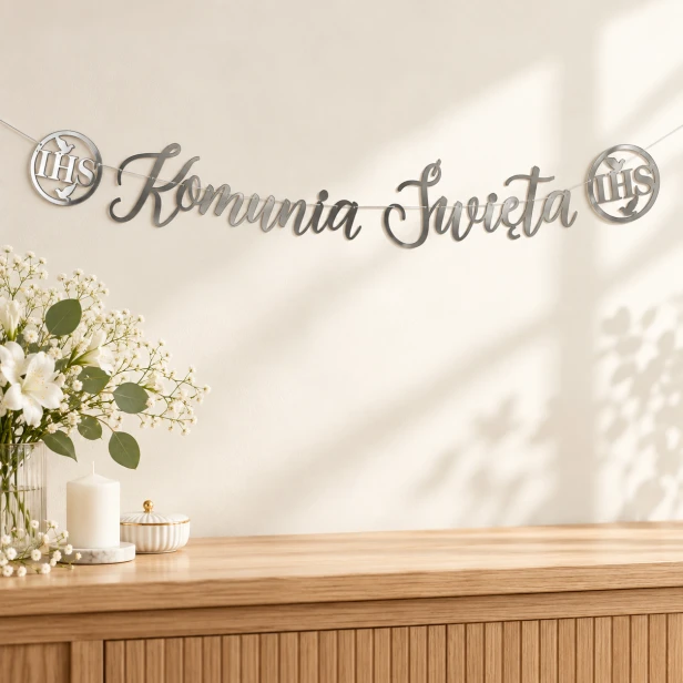 Baner na Pierwszą Komunię Świętą – srebrny napis IHS